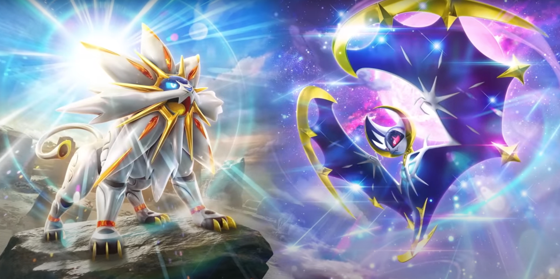 A lion-like Legendary Pokémon (Solangelo) against a bright sunny sky next to a bat-like Legendary Pokémon (Lunala) soaring against a night sky. From Pokémon TCG Pocket